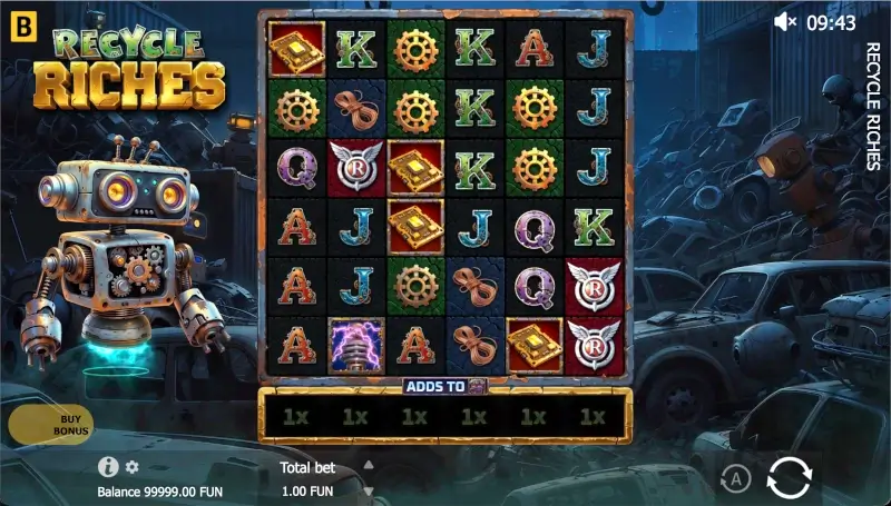 Recycle Riches base game grid with Tesla Coil symbols, paying symbols, and reel multipliers starting at 1x