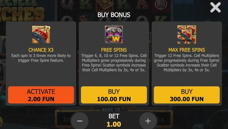 Recycle Riches Buy Bonus menu with Chance x3, Free Spins, and Max Free Spins options
