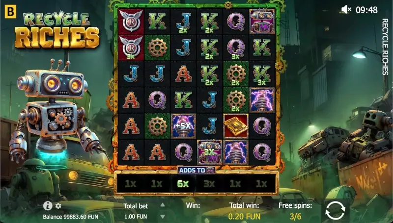 Recycle Riches Free Spins gameplay with active Cell Multipliers, Wild symbols, Tesla Coils, and reel multipliers