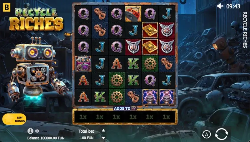 Recycle Riches main game screen with 6x6 grid, robot character, Buy Bonus button, and reel multipliers below the reels