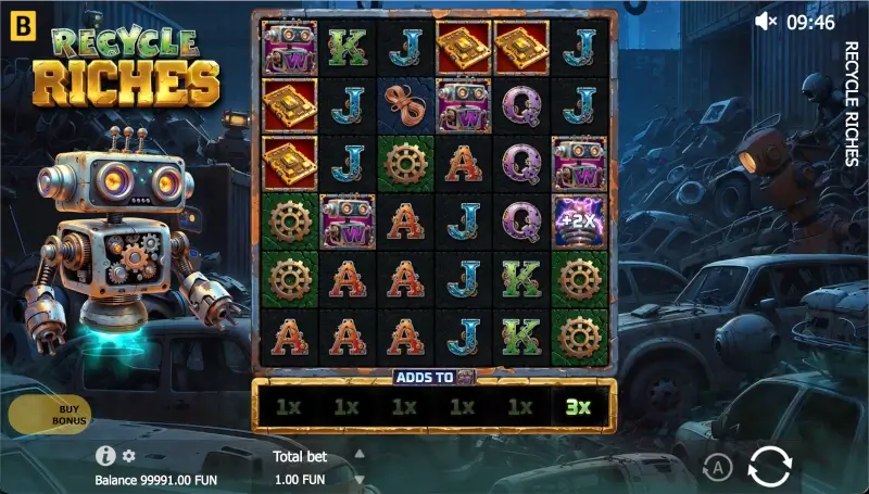 Recycle Riches game screen with Wild symbols and a Tesla Coil increasing a reel multiplier to 3x