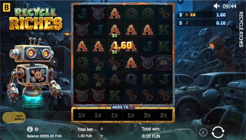Recycle Riches winning cluster example with A symbols paying 1.60 and Cell Multipliers visible on the grid